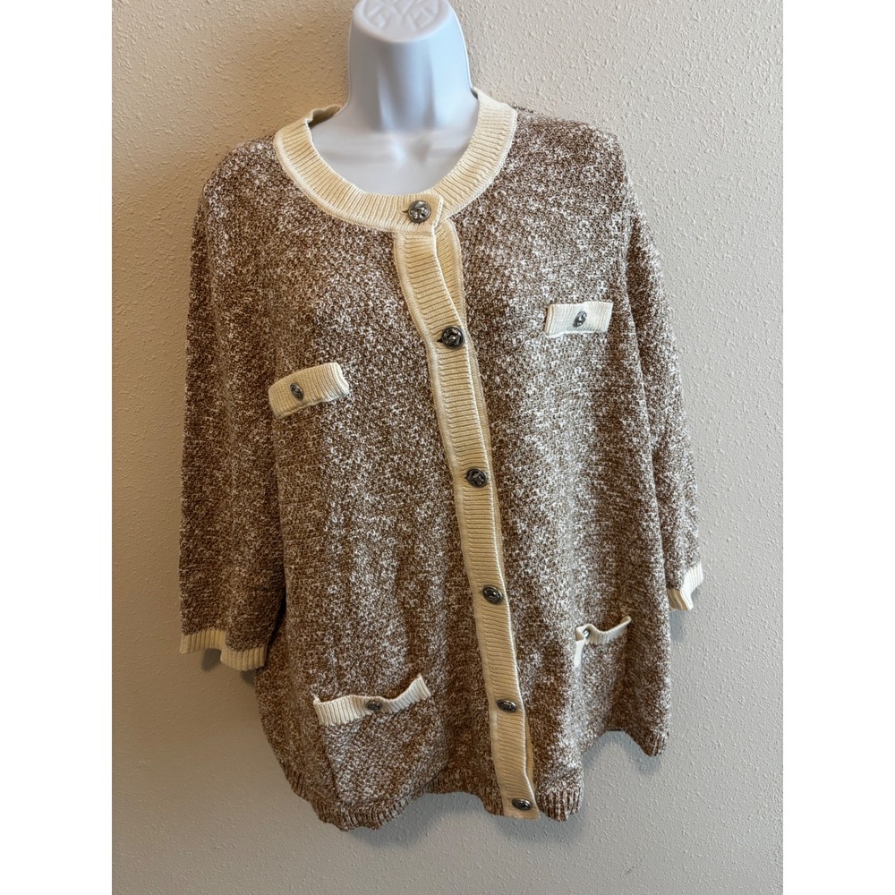 NWT J. Jill Cardigan XL Camel Brown White Wearever Cotton Button Front Sweater